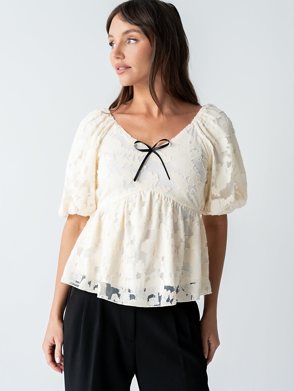 Polagram Cream Lace Puff Sleeve Peplum Top with Black Bow